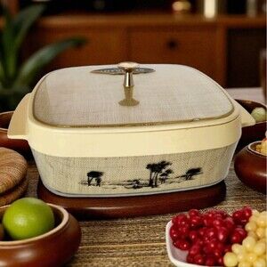 Vintage 1960s Thermo-Serv Insulated Casserole Server Tropical Scene MCM Serving